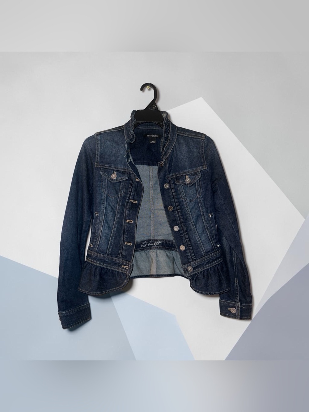 White House Black Market Dark Blue Denim Jacket with Ruffle Hem